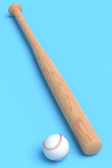 Wooden professional softball or baseball bat and ball on blue background