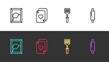 Set line Picture landscape, Playing cards, Spatula and Rolling pin on black and white. Vector