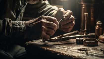 One skilled man crafting leather with hand tool indoors generated by AI