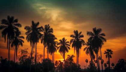 Fototapeta na wymiar Golden palm tree silhouettes against vibrant sunset sky over water generated by AI