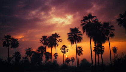 Fototapeta na wymiar Vibrant sunset silhouettes palm tree in tranquil Caribbean seascape generated by AI