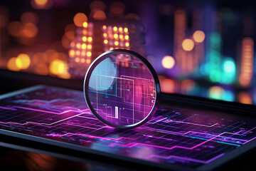 Data analysis, search engine optimization or SEO. magnifier, charts, graphs. ultraviolet and neon screen. AI generative