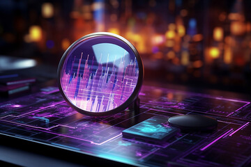 Data analysis, search engine optimization or SEO. magnifier, charts, graphs. ultraviolet and neon screen. AI generative