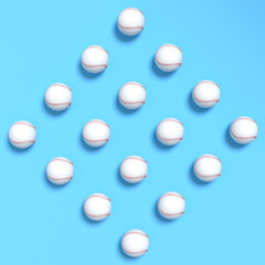 Set of softball or baseball ball lying in row on blue background.