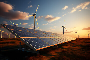 Solar panels and wind power generation equipment, energy, ecology, landscape for energy advertising and background Generative AI