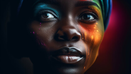 Beautiful young African woman glowing with sensuality, looking away generated by AI
