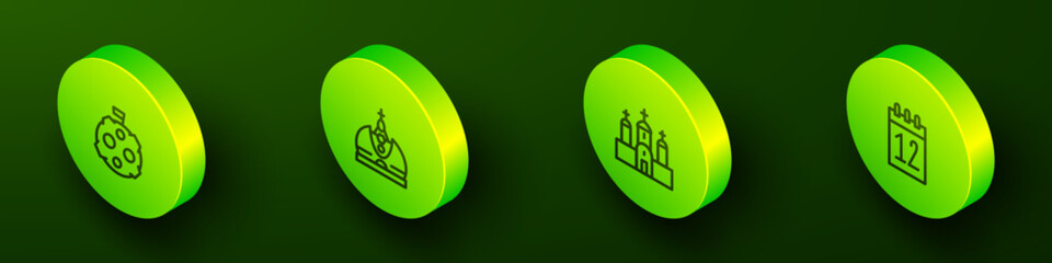 Set Isometric line Moon with flag, King crown, Church building and Calendar 12 june icon. Vector