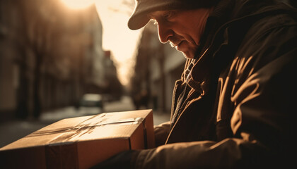 Fototapeta premium One man delivering package, sitting outdoors, back lit by sunset generated by AI