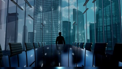 Disruptive Technology. Businessman Working in Office among Skyscrapers. Hologram Concept