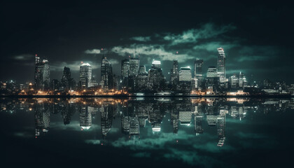 Modern skyline illuminates waterfront city with futuristic architecture and reflection generated by AI