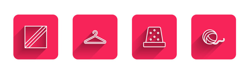 Set line Textile fabric roll, Hanger wardrobe, Thimble for sewing and Yarn ball with long shadow. Red square button. Vector