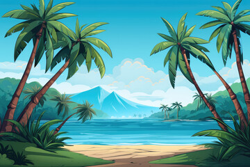 Cartoon Style Tropical Island Palm trees Backdrop for ad copy