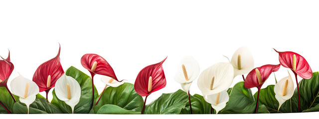 white and red anthuriums isolated on transparent  . border or banner concept . - obrazy, fototapety, plakaty