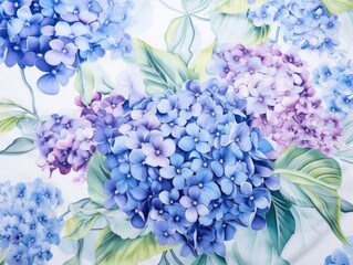A painting of a bunch of blue flowers. Generative AI. Blue and purple hydrangea flowers.