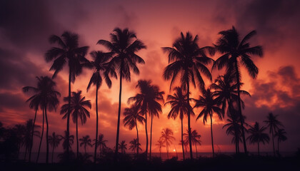 Tranquil scene of an idyllic tropical coastline at sunset generated by AI
