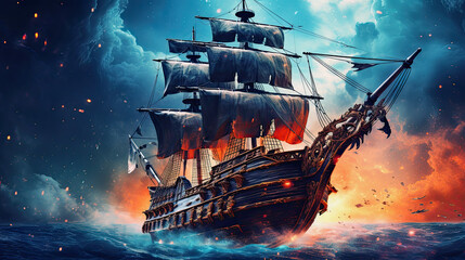 ai generative fantasy illustration of pirate ship in the ocean, in the background colorful galactic sky