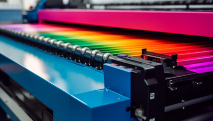 Obraz premium Modern printing press in a factory, producing multi colored documents generated by AI