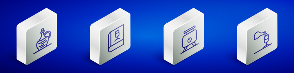 Set Isometric line Wine in italian fiasco bottle, Book about wine, Fermentation of grapes and tasting, degustation icon. Vector