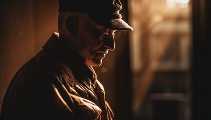 Obraz premium One man standing outdoors in the city, looking sad and serious generated by AI