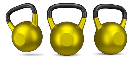Set of heavy gym gold kettlebells for workout isolated on white background
