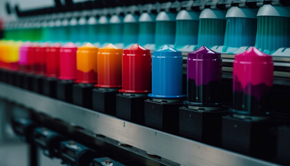 Variation in Manufacturing Close up of Multi Colored Ink Bottles in Factory generated by AI