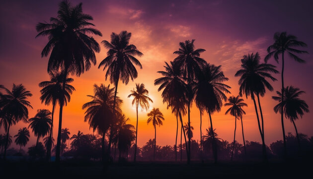 Silhouette of palm tree back lit by vibrant sunset sky generated by AI