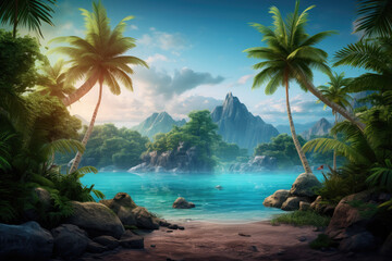 Fototapeta na wymiar Cartoon Style Tropical Island Palm trees Backdrop for ad copy