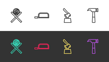 Set line Wooden logs on a stand, Hacksaw, axe in stump and Hammer on black and white. Vector