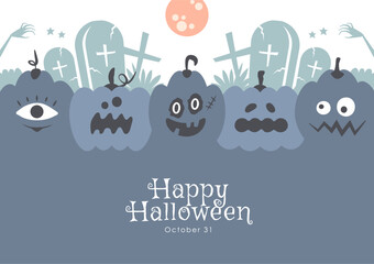 ハロウィンの背景イラスト かぼちゃのおばけと墓地と月