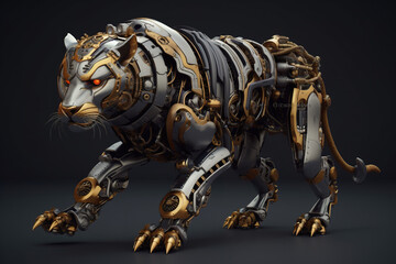 Fototapeta na wymiar A tiger made of metal and gold on a black background. Generative AI.
