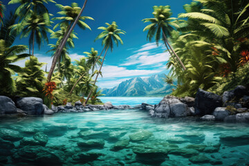 Fototapeta na wymiar Cartoon Style Tropical Island Palm trees Backdrop for ad copy