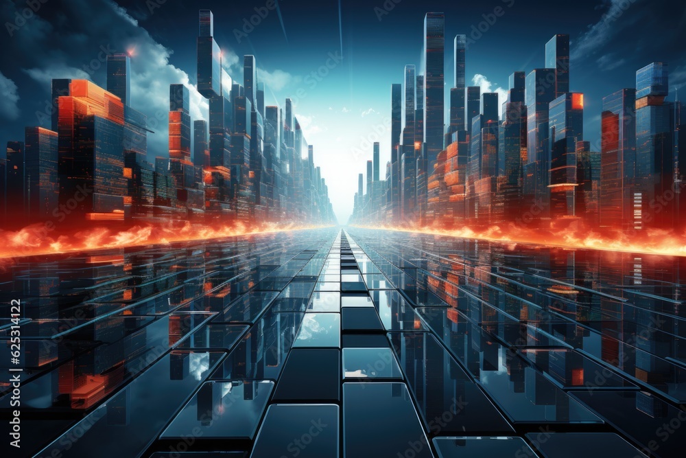 Wall mural A futuristic city with a lot of tall buildings. Generative AI.