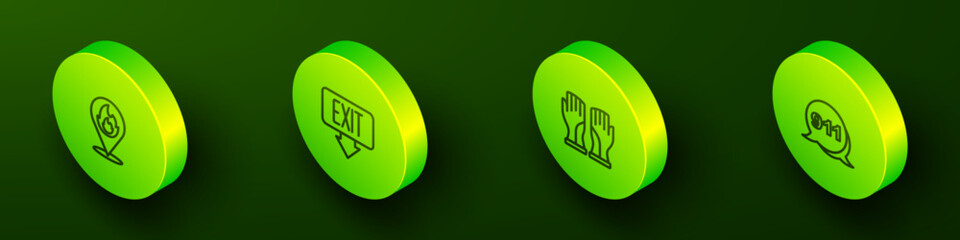 Set Isometric line Location with fire flame, Fire exit, Firefighter gloves and Emergency call 911 icon. Vector