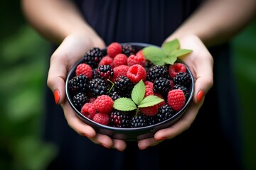 person holding bowl of mixed berries, mock-up food with illustration, 3d