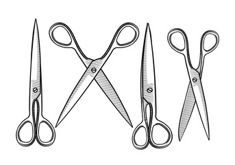 Scissors for hairdressers in four versions on a white background. All elements have a white background and are grouped. Vector illustration