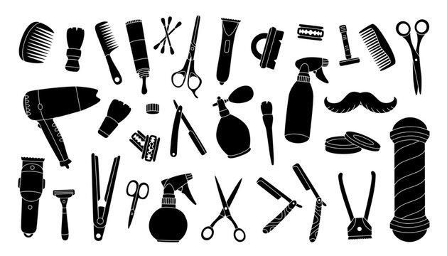 Different barber shop tools. Hairdressing tool kit. Barber pole, razor blade, hair clipper, scissors, comb, dryer, spray bottle. Vector illustration