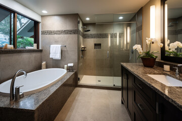 A minimalistic modern bathroom with standalone bathtub and shower, long sink and ficus plant. High quality photo