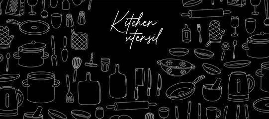 Kitchenware and cutlery horizontal outline banner. Set of kitchen tools. Cooking tools, appliances, kitchenware, utensil. Isolated on black background