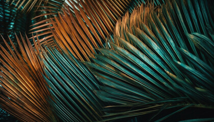 Vibrant palm frond pattern in multi colored tropical rainforest backdrop generated by AI