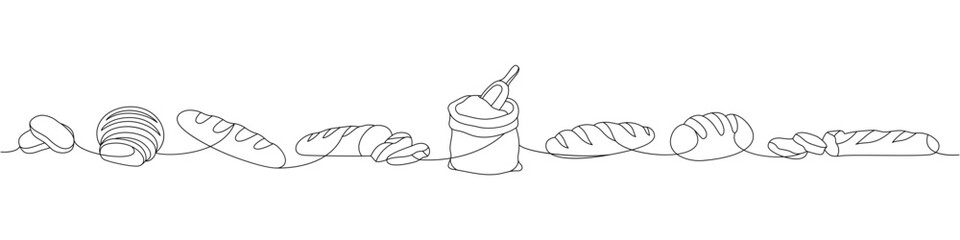 Set of fresh breads one line continuous drawing. Bakery pastry products continuous one line illustration. Vector minimalist linear illustration.