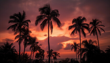 Obraz na płótnie Canvas Silhouette of palm tree back lit by vibrant sunset sky generated by AI