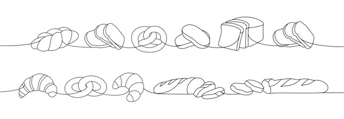 Set of bakery products one line continuous drawing. Whole grain and wheat bread, pretzel, ciabatta, croissant, toast bread one line illustration. - 625314991