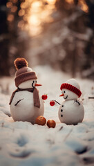 Obraz premium Two little cute snowmen with Christmas decorations, in the snow. New Year's euphoria, concept. Generative AI