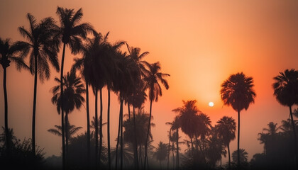 Fototapeta na wymiar Vibrant sunset silhouettes palm tree against tranquil tropical seascape generated by AI