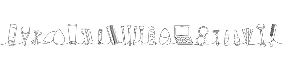 Makeup tools one line continuous drawing. Cosmetic cream, nail tongs, sponge, comb, brushes, makeup palette, nail polish, massage roller