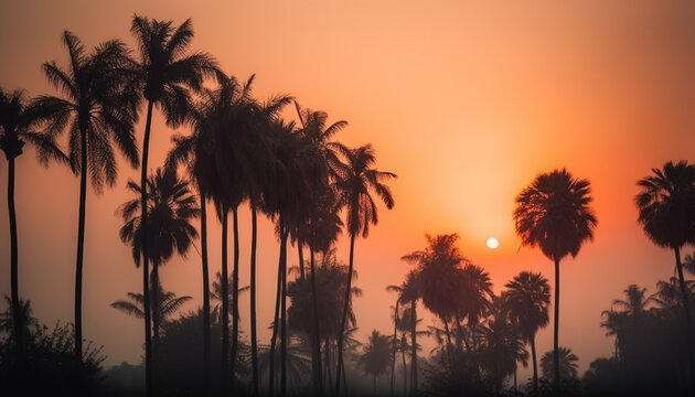 Vibrant sunset silhouettes palm tree against tranquil tropical seascape generated by AI