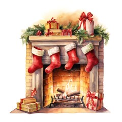 watercolour illustration of a fireplace with stoking hung