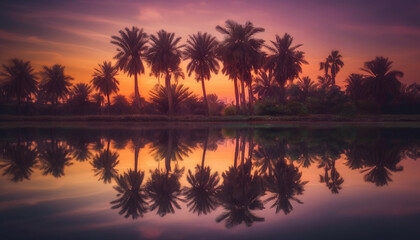 Silhouette of palm tree against multi colored sunset reflection on water generated by AI