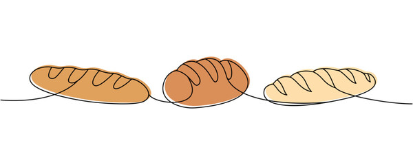 Wheat bread set one line colored continuous drawing. Whole grain and wheat bread continuous one line illustration. Vector minimalist illustration.