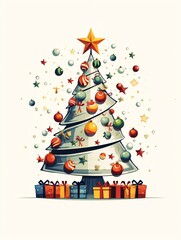 Illustrated Christmas tree with gift boxes, holiday card